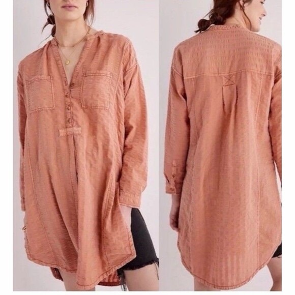 Pilcro and the Letterpress Tops - Pilcro and‎ the Letterpress Textured Henley Tunic Top Terracotta Orange Small